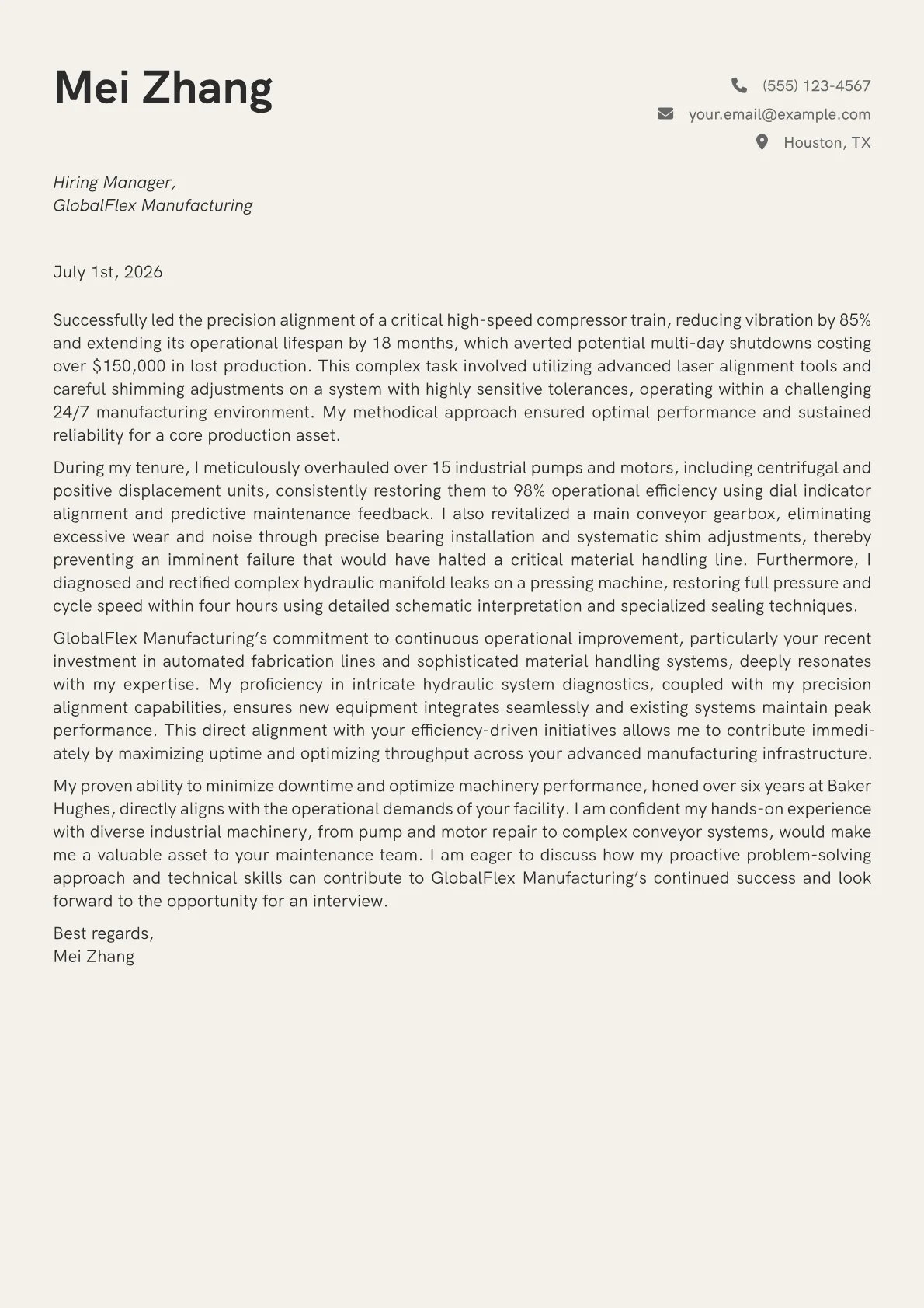 Millwright cover letter formatted with a JobSprout template
