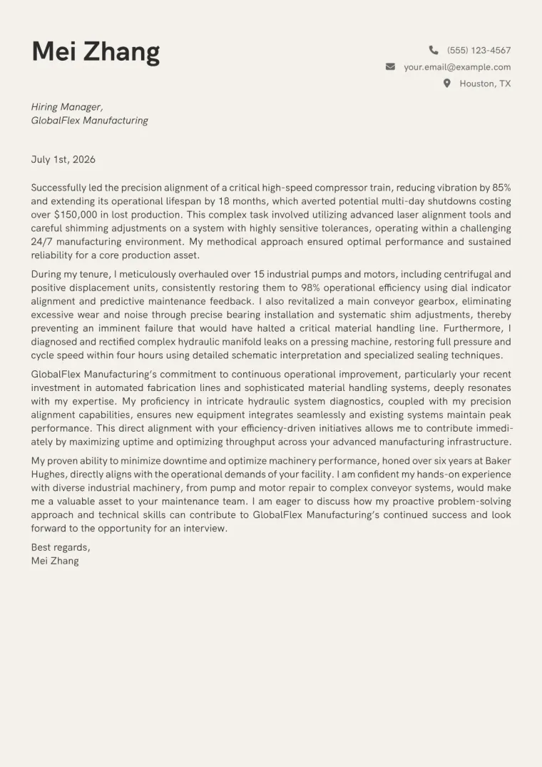 Millwright Cover Letter Example