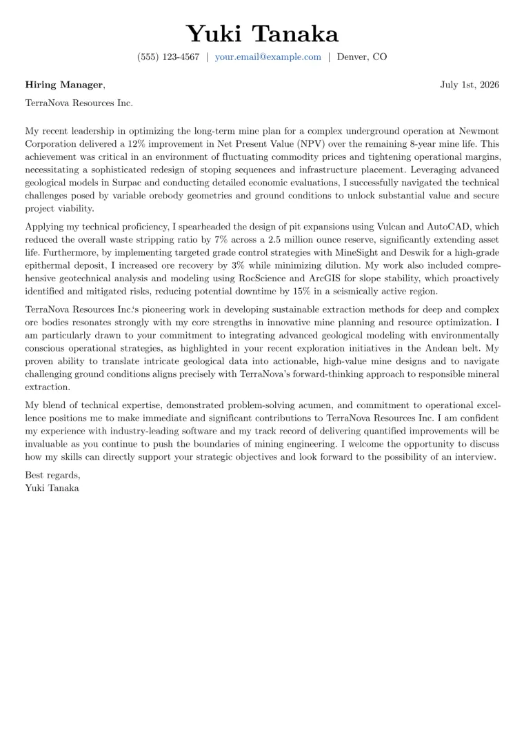 Mining Engineer cover letter example preview
