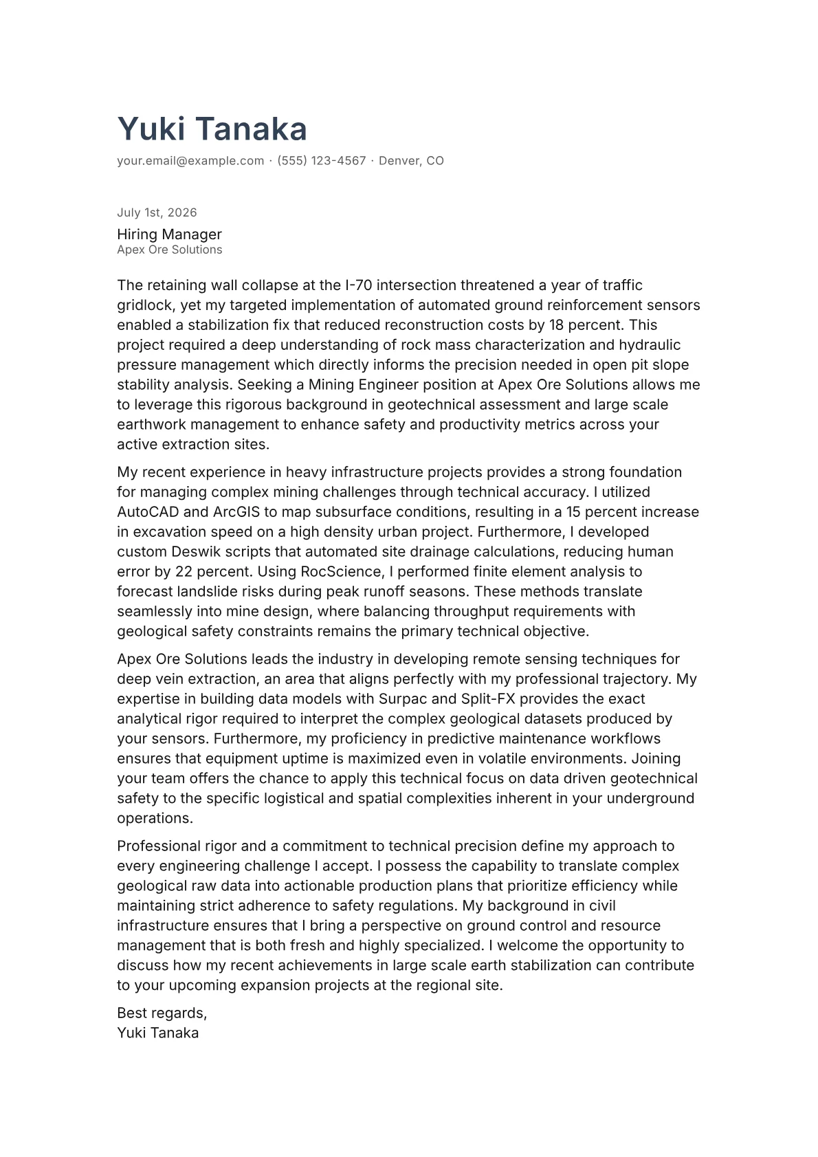 Mining Engineer cover letter in the Minimal design
