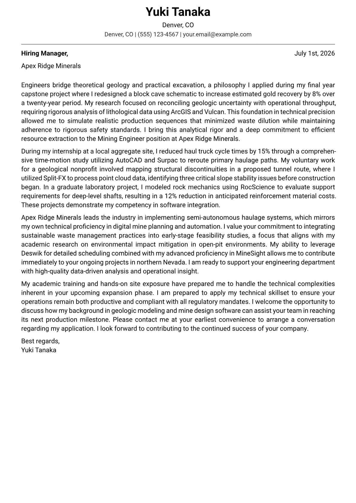 Mining Engineer cover letter in the Modern design