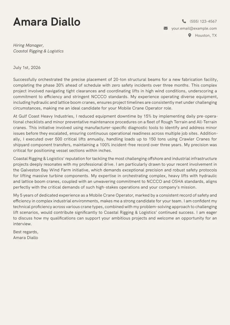 Mobile Crane Operator cover letter example preview