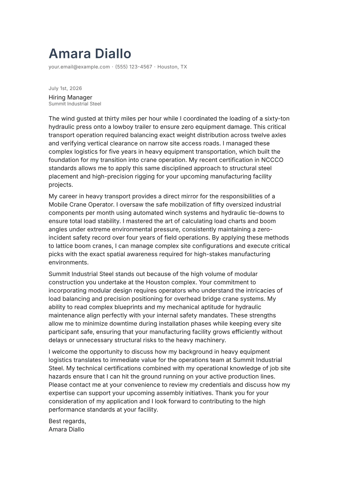 Mobile Crane Operator cover letter in the Minimal design