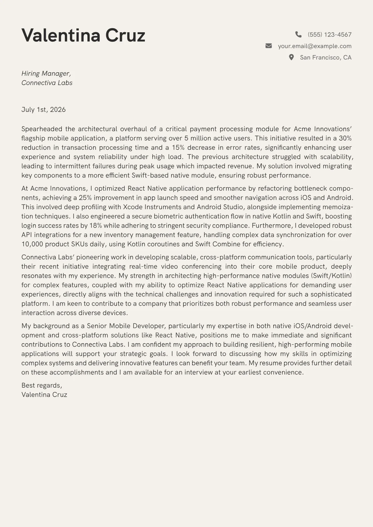 Mobile Developer cover letter formatted with a JobSprout template