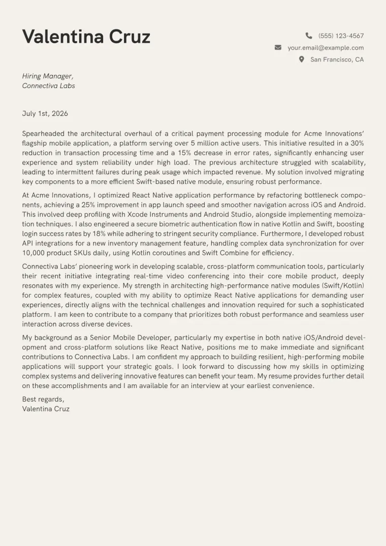 Mobile Developer cover letter example preview
