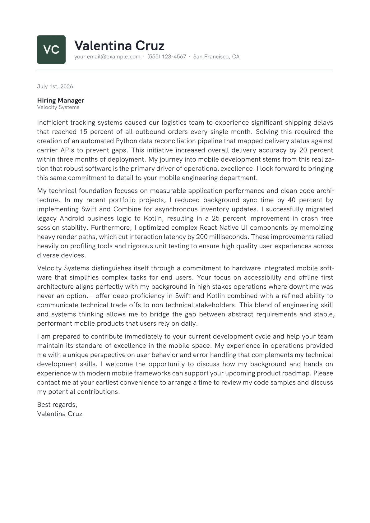 Mobile Developer cover letter in the Emblem design
