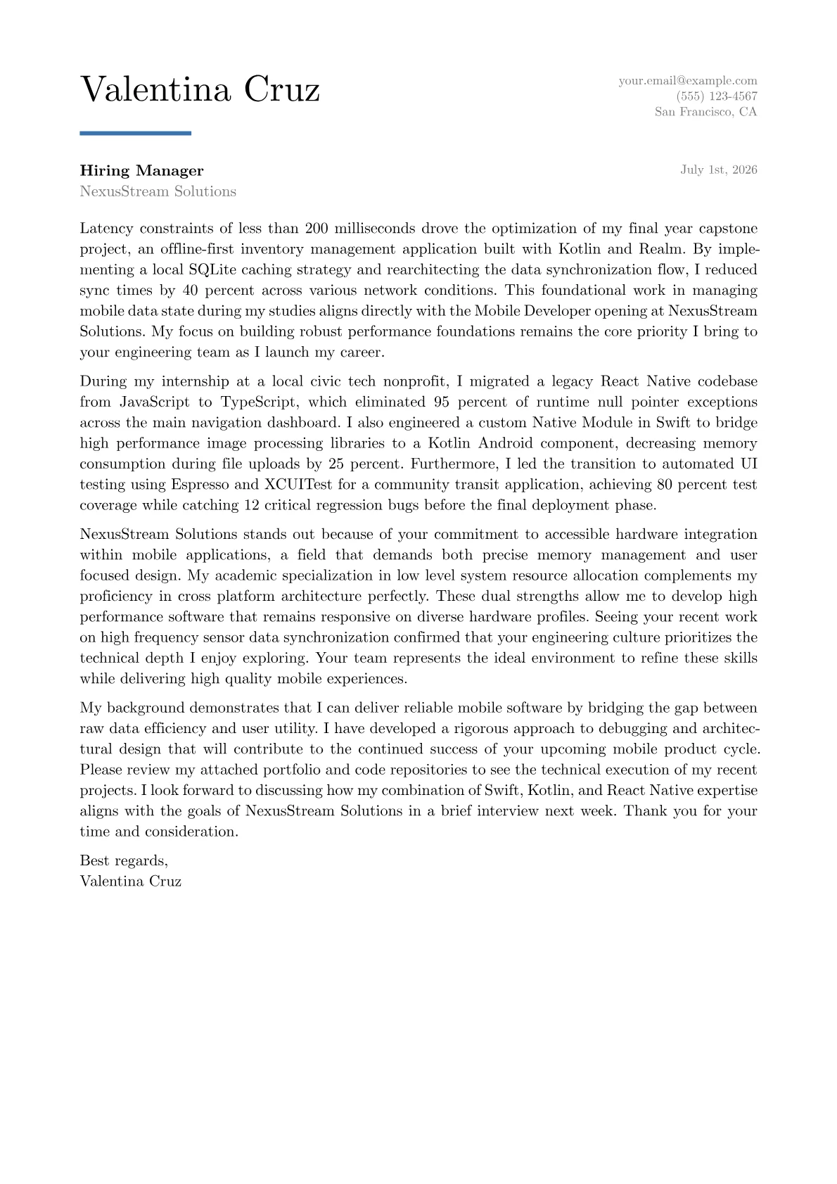 Mobile Developer cover letter in the Executive design