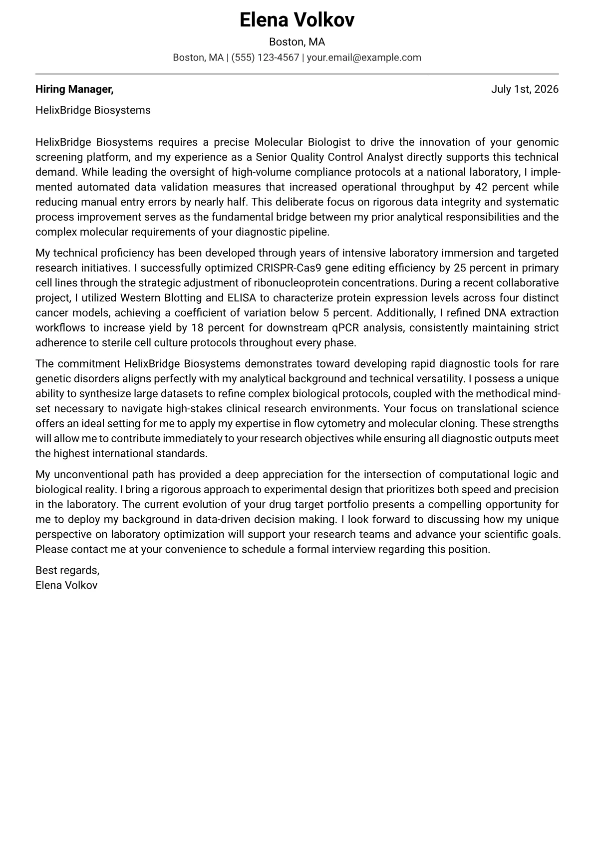 Molecular Biologist cover letter in the Modern design