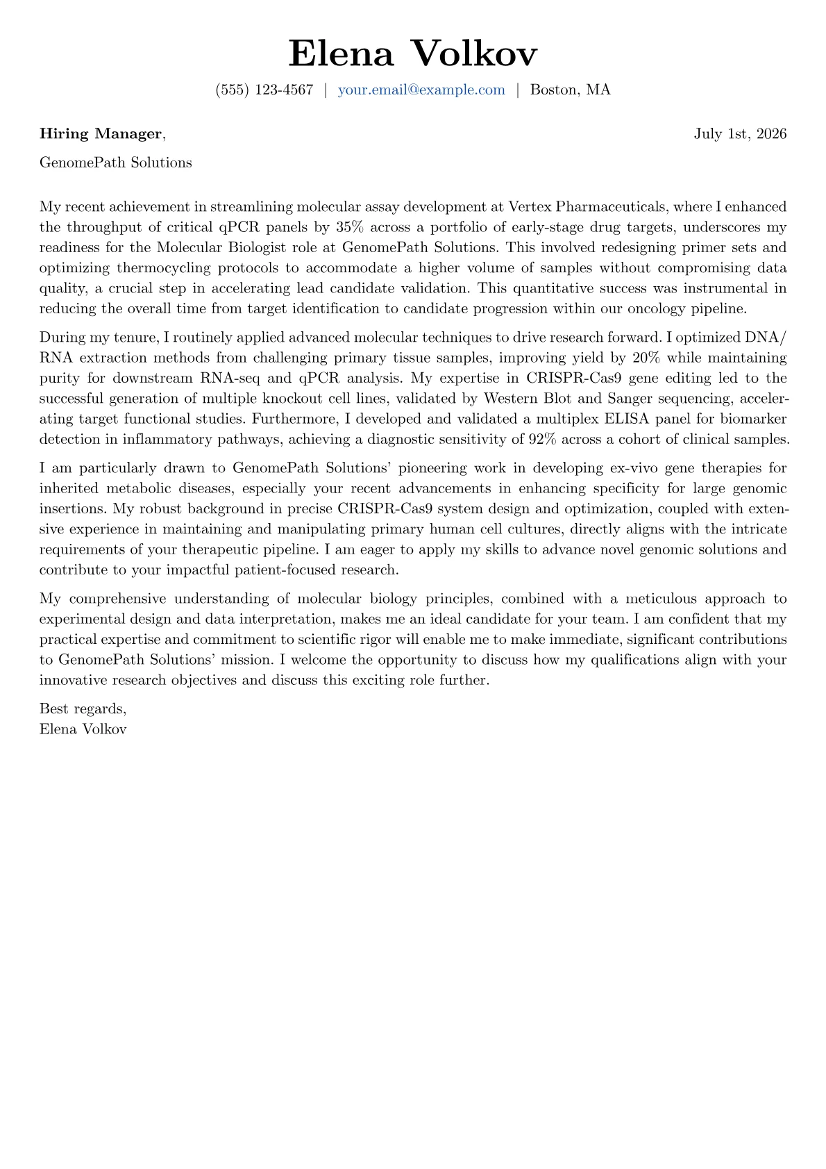 Molecular Biologist cover letter formatted with a JobSprout template
