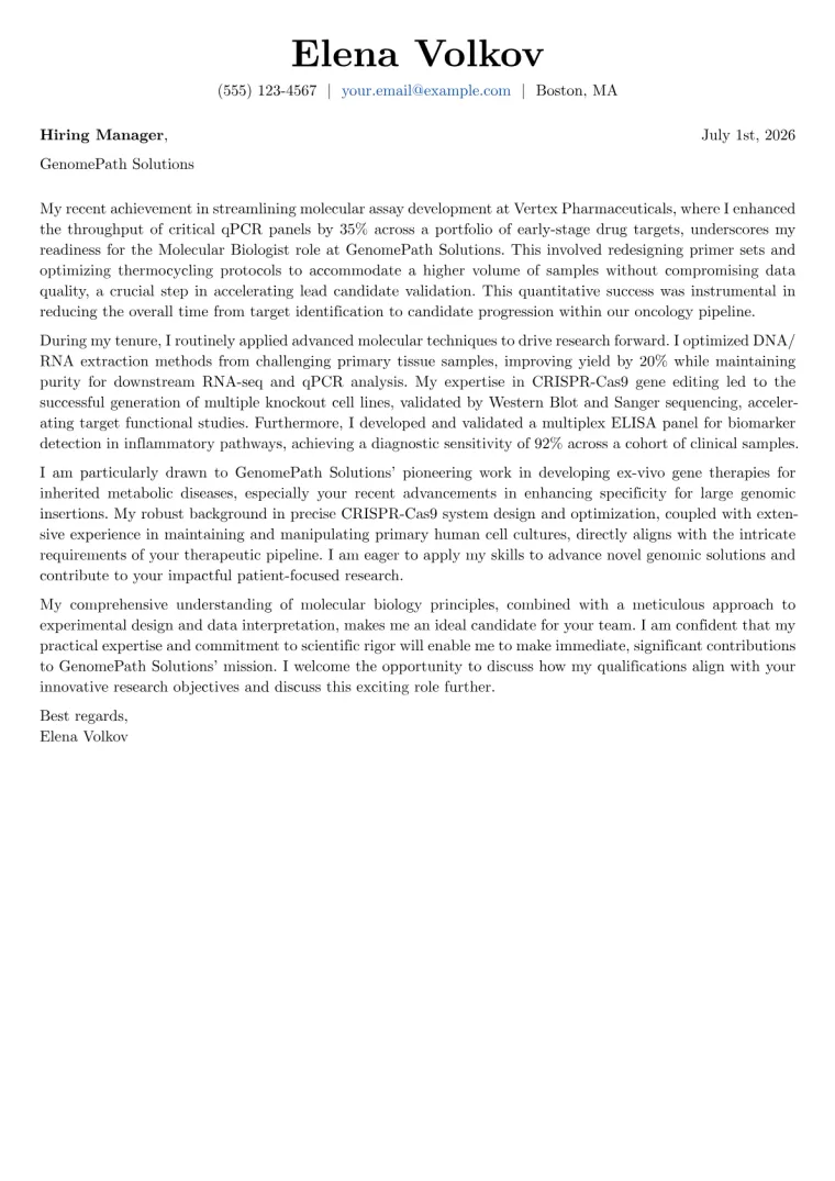 Molecular Biologist cover letter example preview