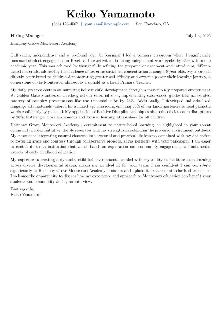 Montessori Teacher Cover Letter Example