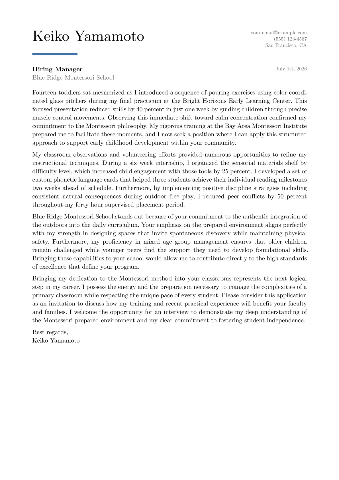Montessori Teacher cover letter in the Executive design