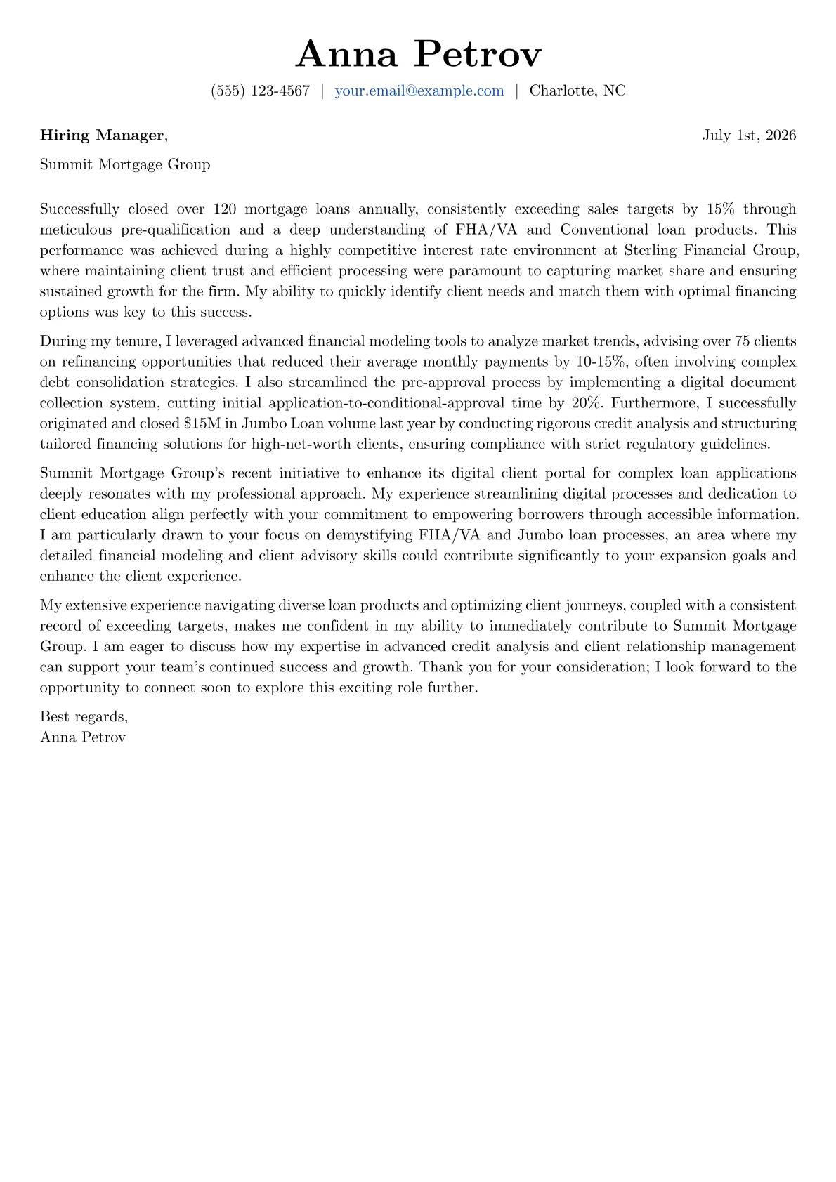 Mortgage Loan Officer cover letter formatted with a JobSprout template