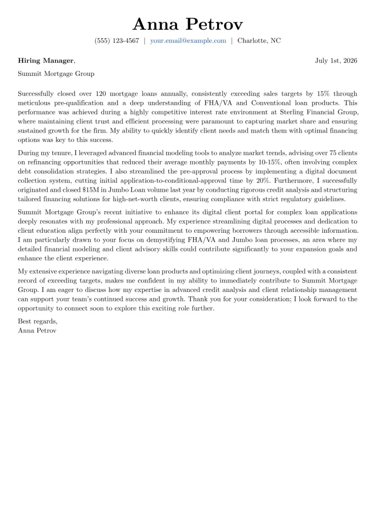 Mortgage Loan Officer cover letter example preview