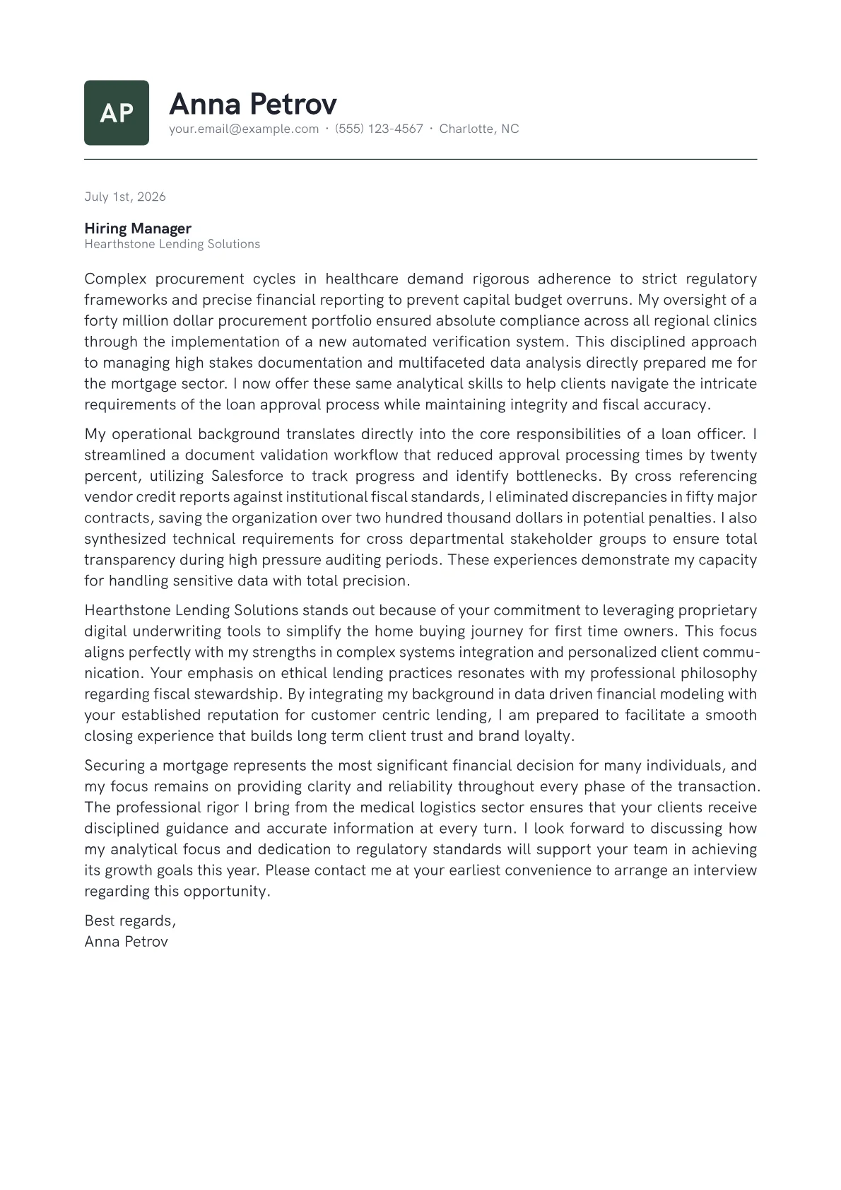 Mortgage Loan Officer cover letter in the Emblem design