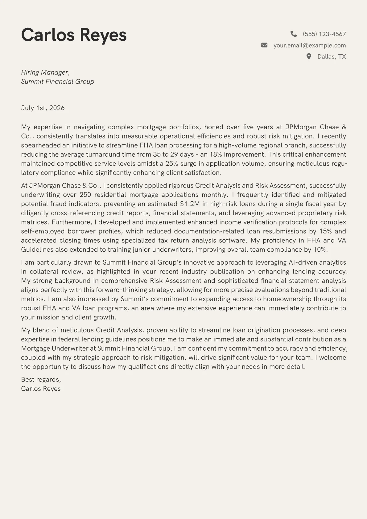 Mortgage Underwriter cover letter formatted with a JobSprout template