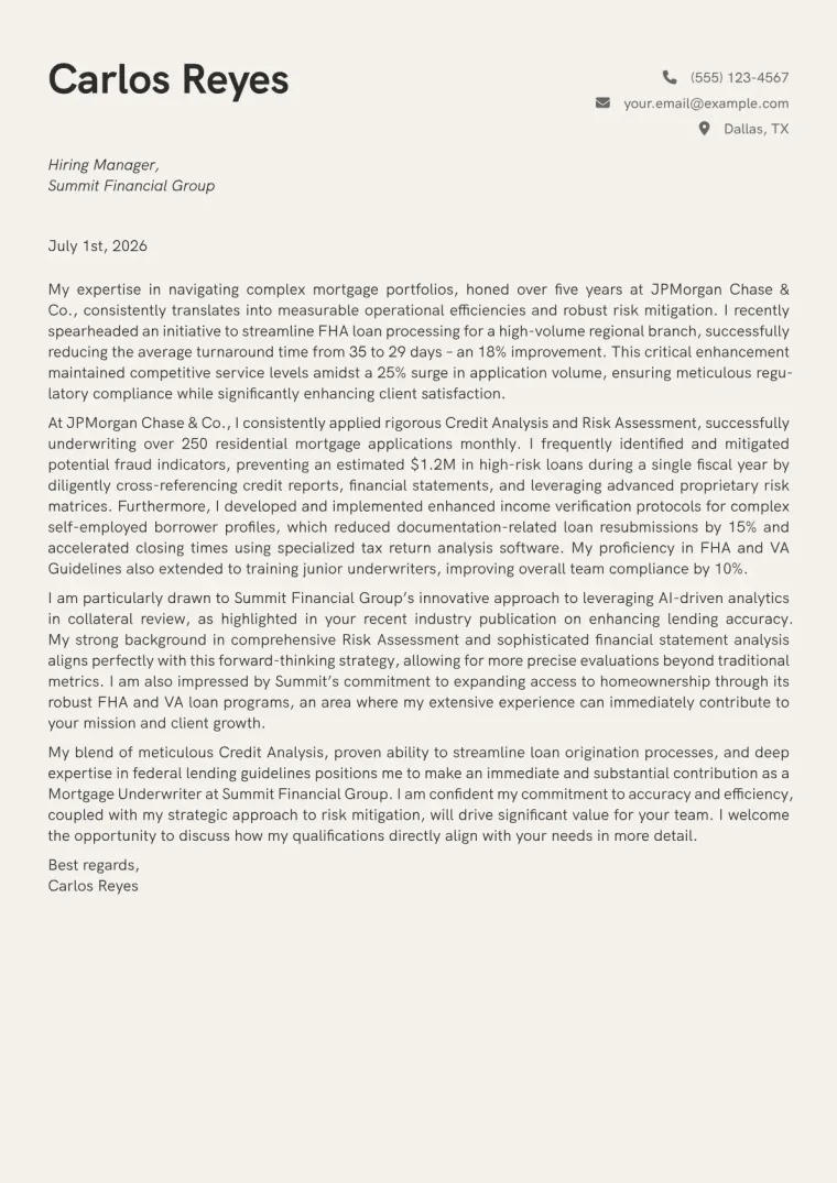 Mortgage Underwriter cover letter example preview