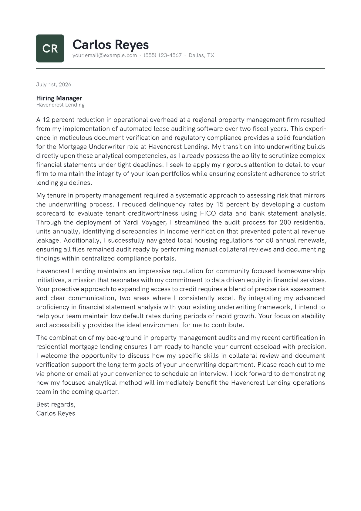 Mortgage Underwriter cover letter in the Emblem design