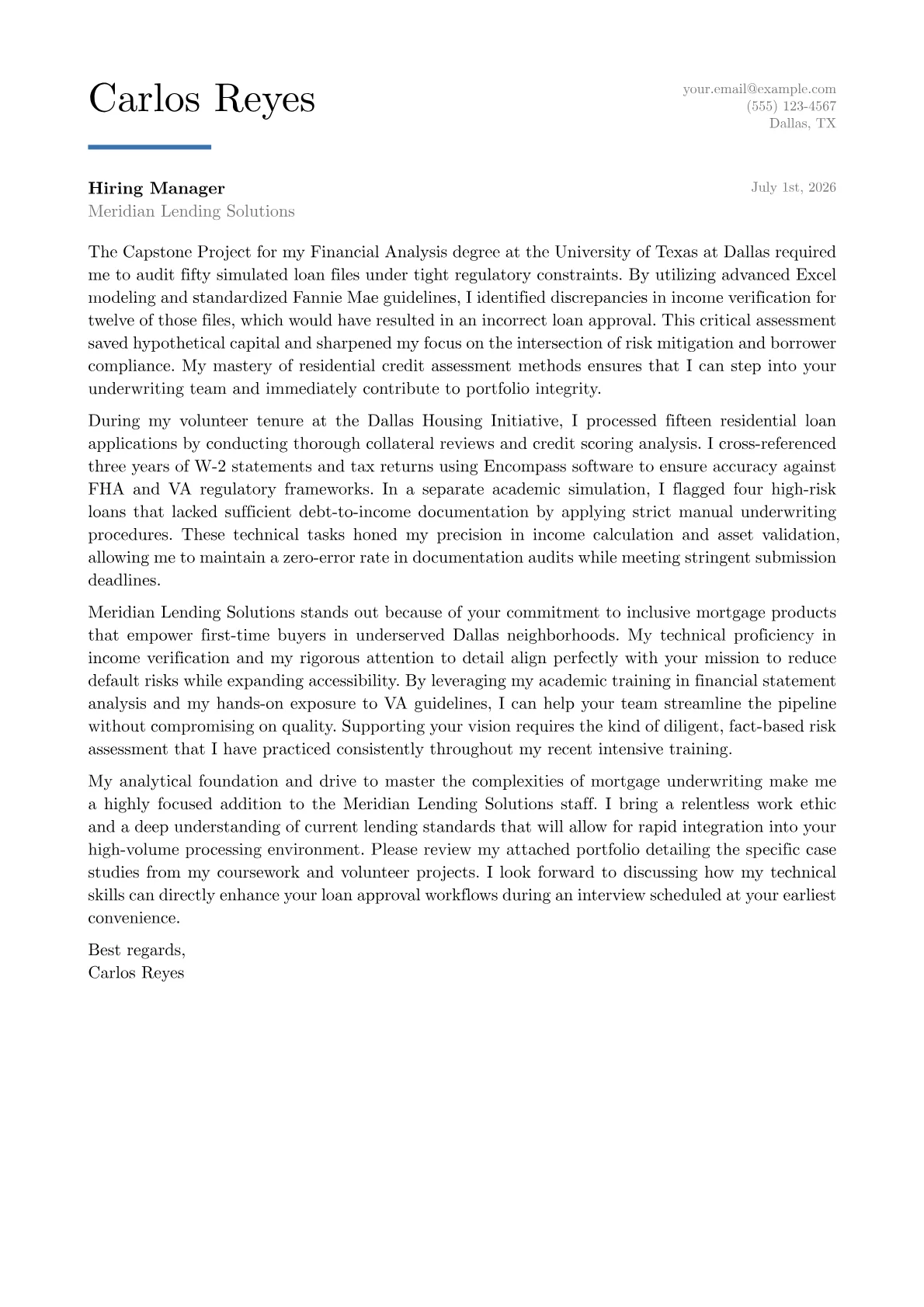 Mortgage Underwriter cover letter in the Executive design