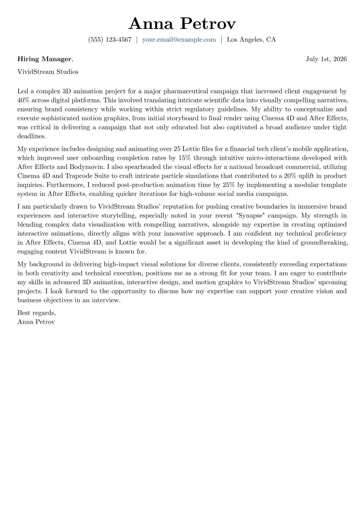 Motion Designer cover letter formatted with a JobSprout template