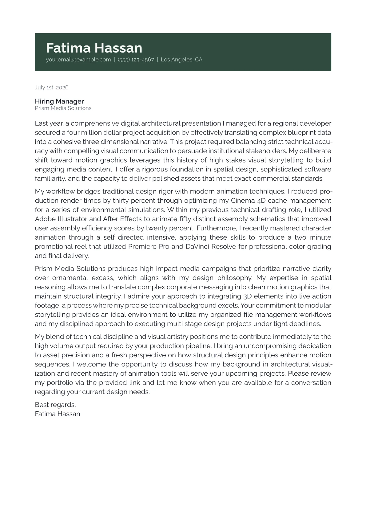 Motion Graphic Designer cover letter in the Banner design