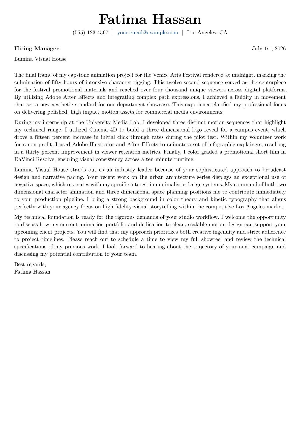 Motion Graphic Designer cover letter in the Basic design