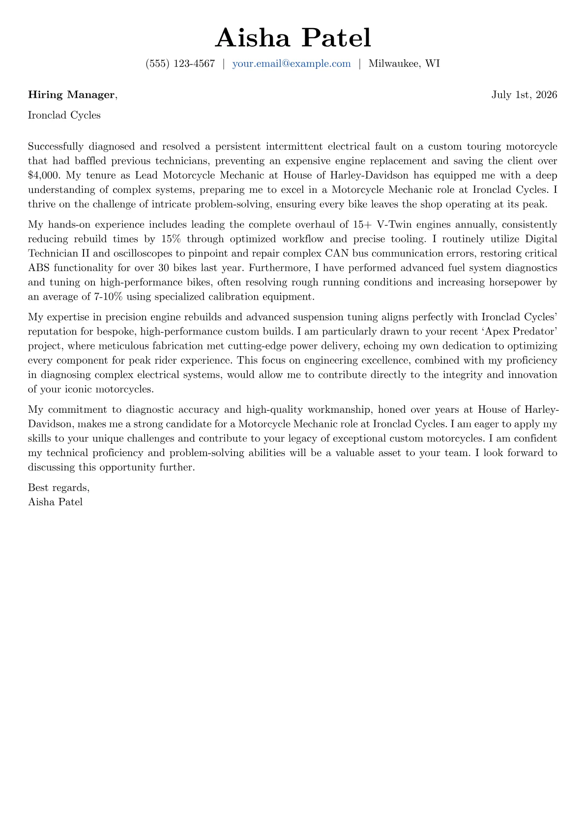 Motorcycle Mechanic cover letter formatted with a JobSprout template