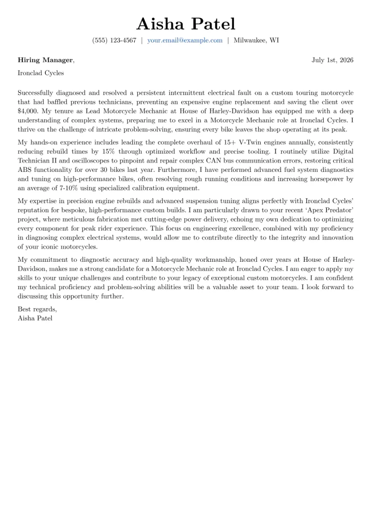 Motorcycle Mechanic cover letter example preview