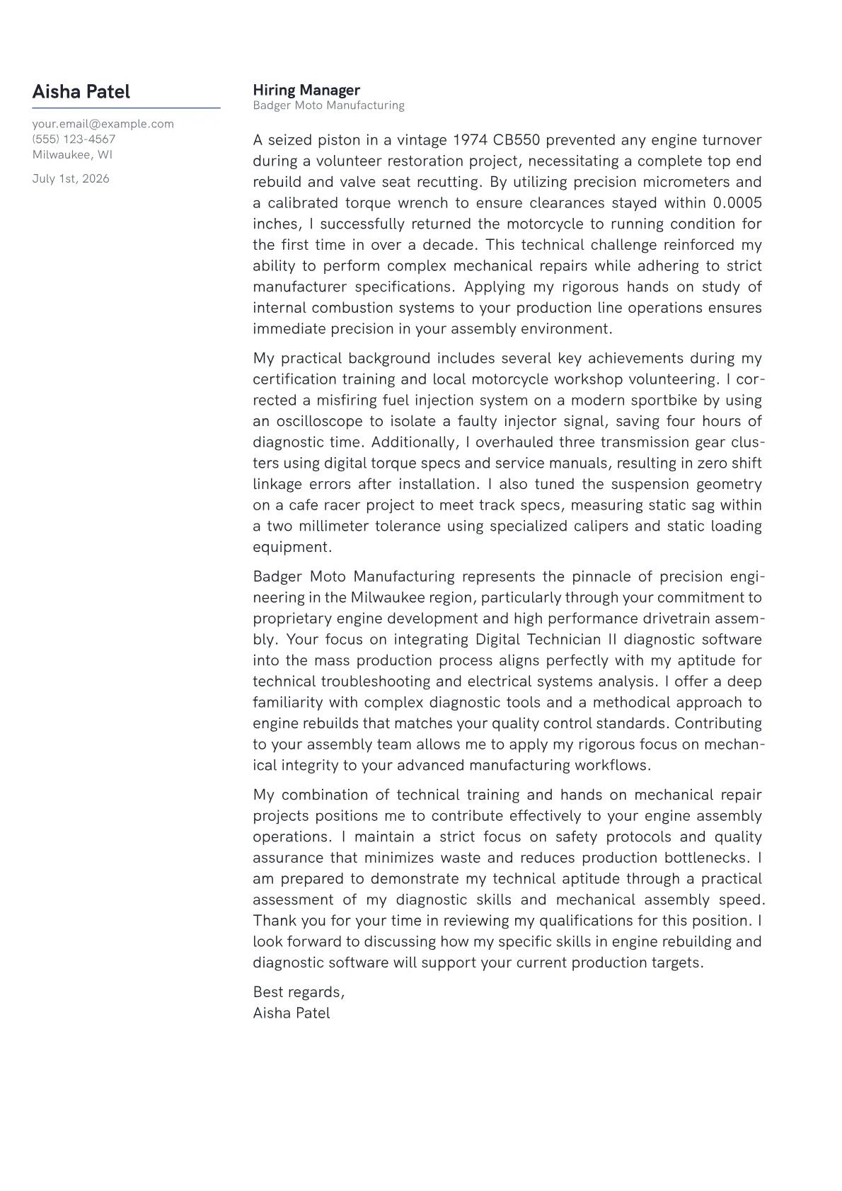 Motorcycle Mechanic cover letter in the Margin design
