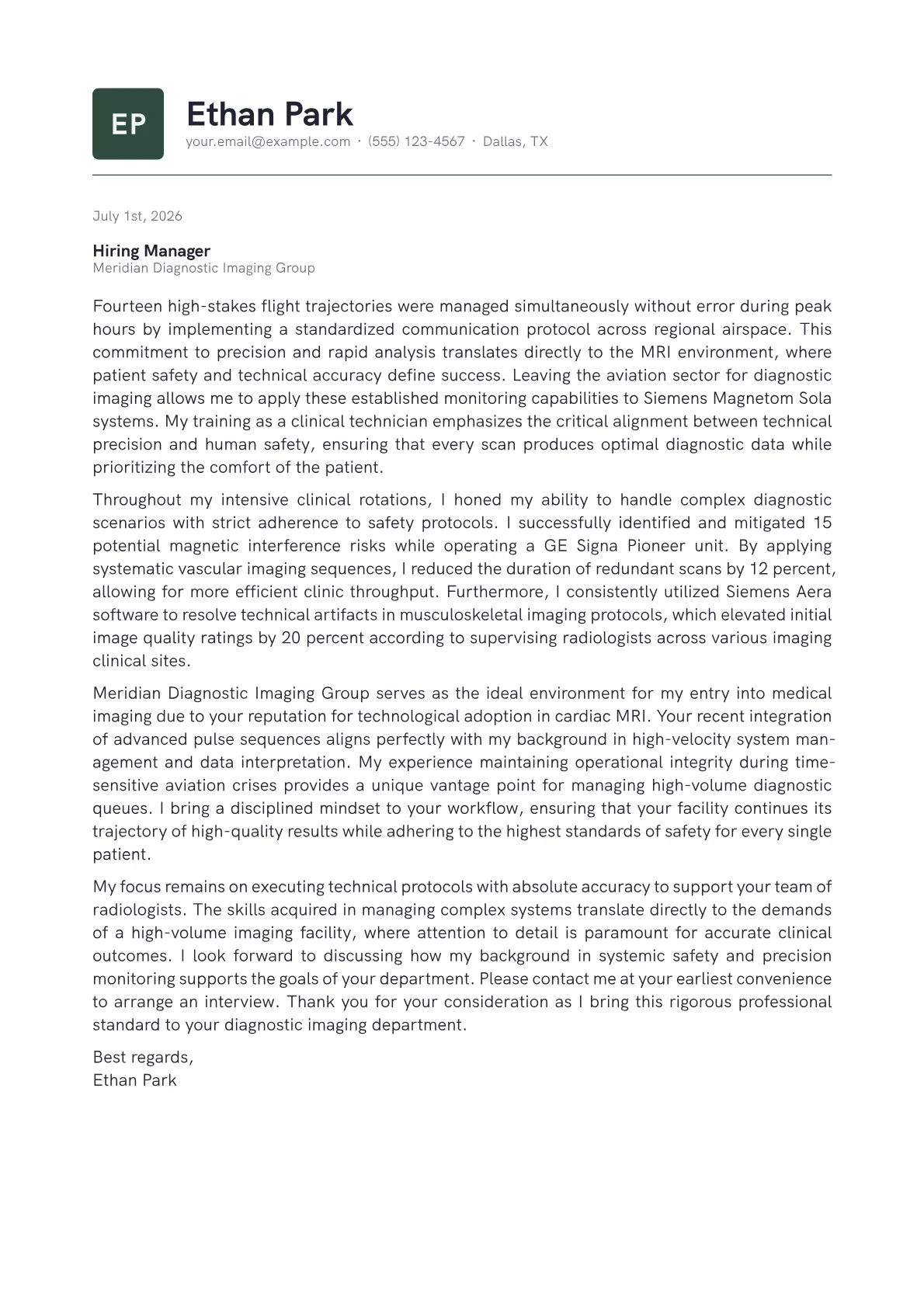 MRI Technologist cover letter in the Emblem design