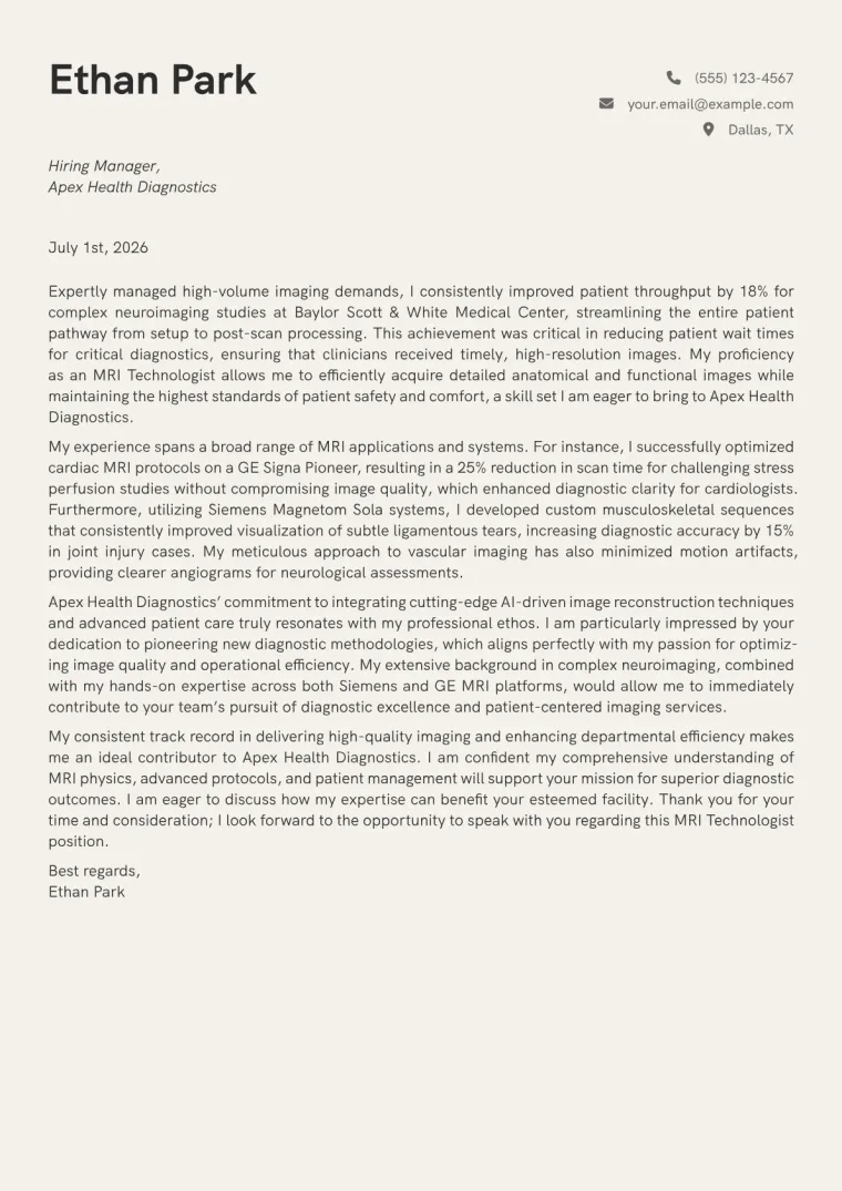 MRI Technologist cover letter example preview