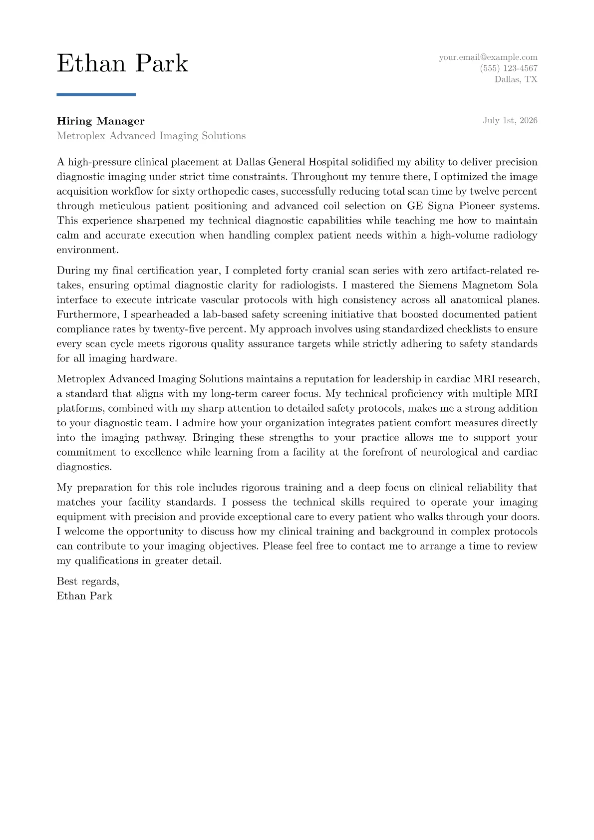 MRI Technologist cover letter in the Executive design