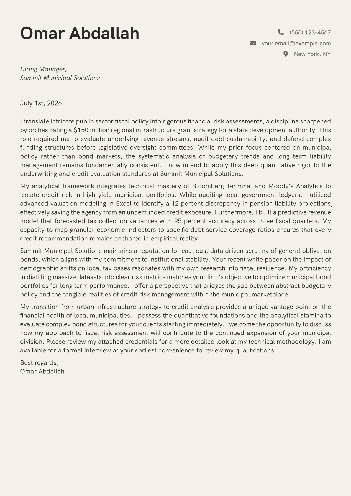 Municipal Bond Analyst cover letter in the Creative design