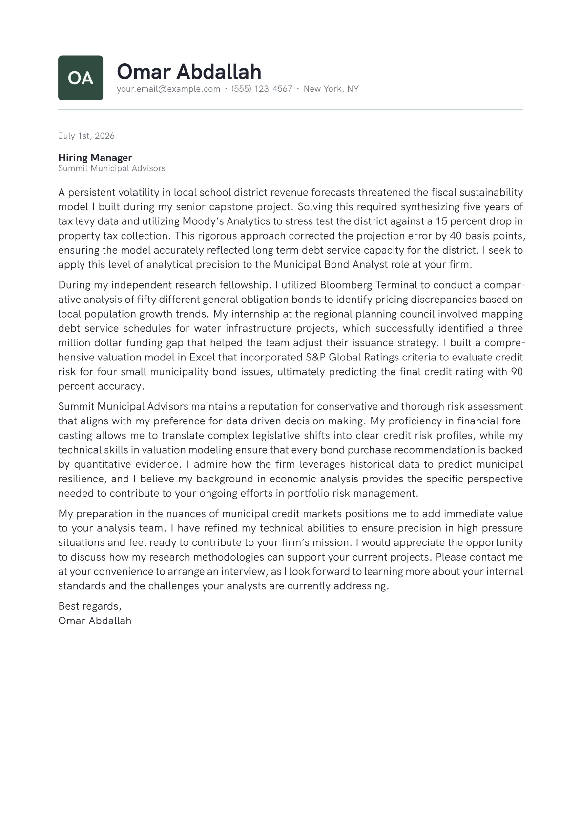 Municipal Bond Analyst cover letter in the Emblem design