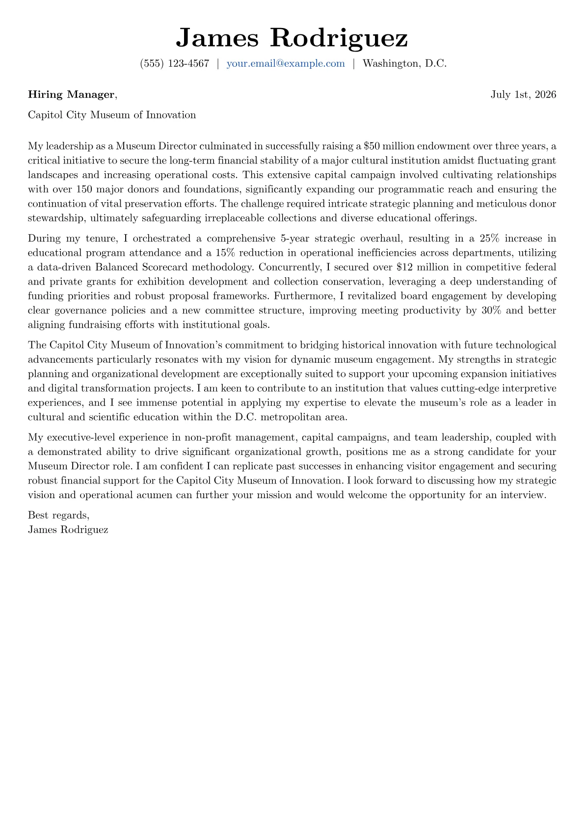 Museum Director cover letter formatted with a JobSprout template