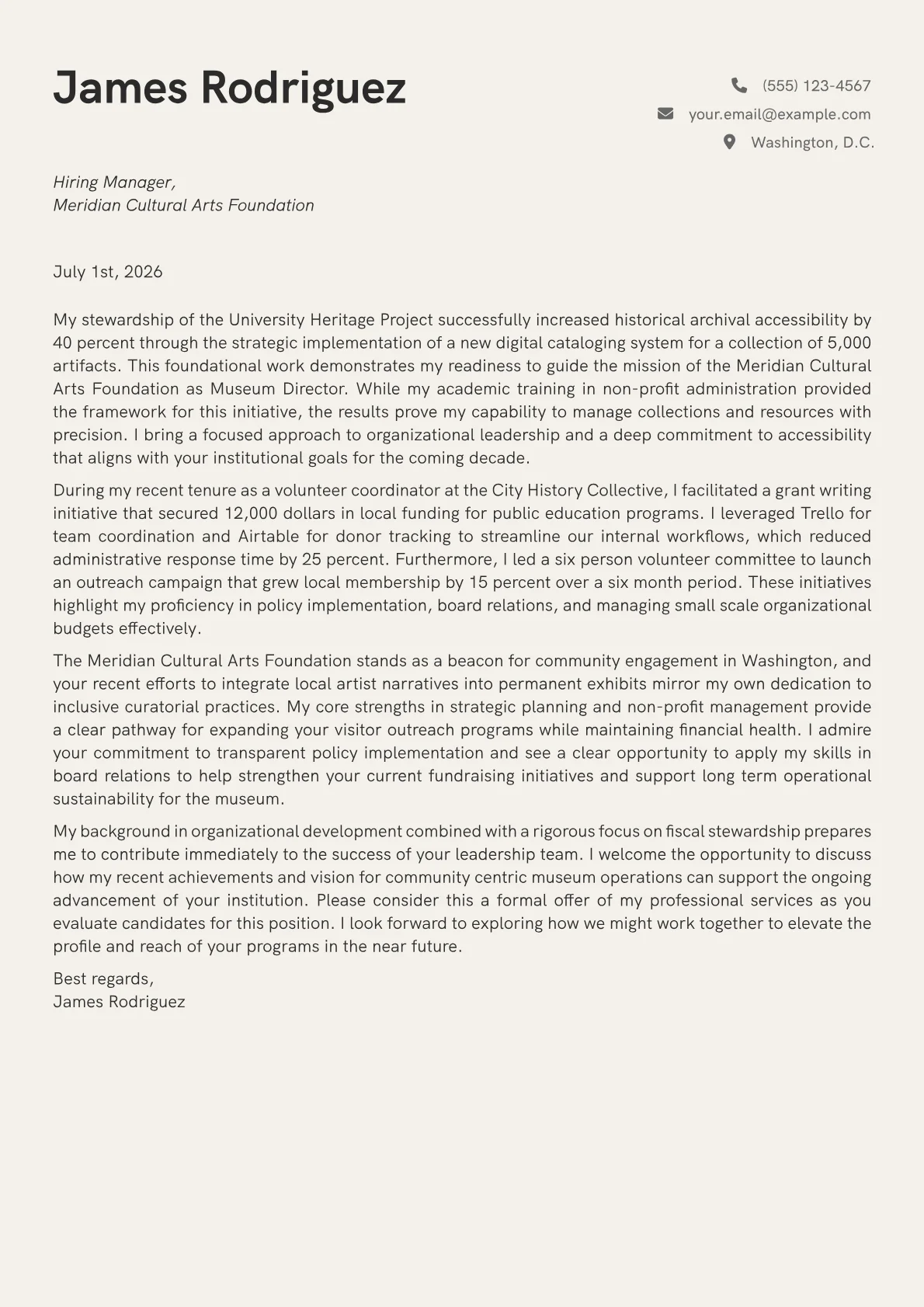Museum Director cover letter in the Creative design
