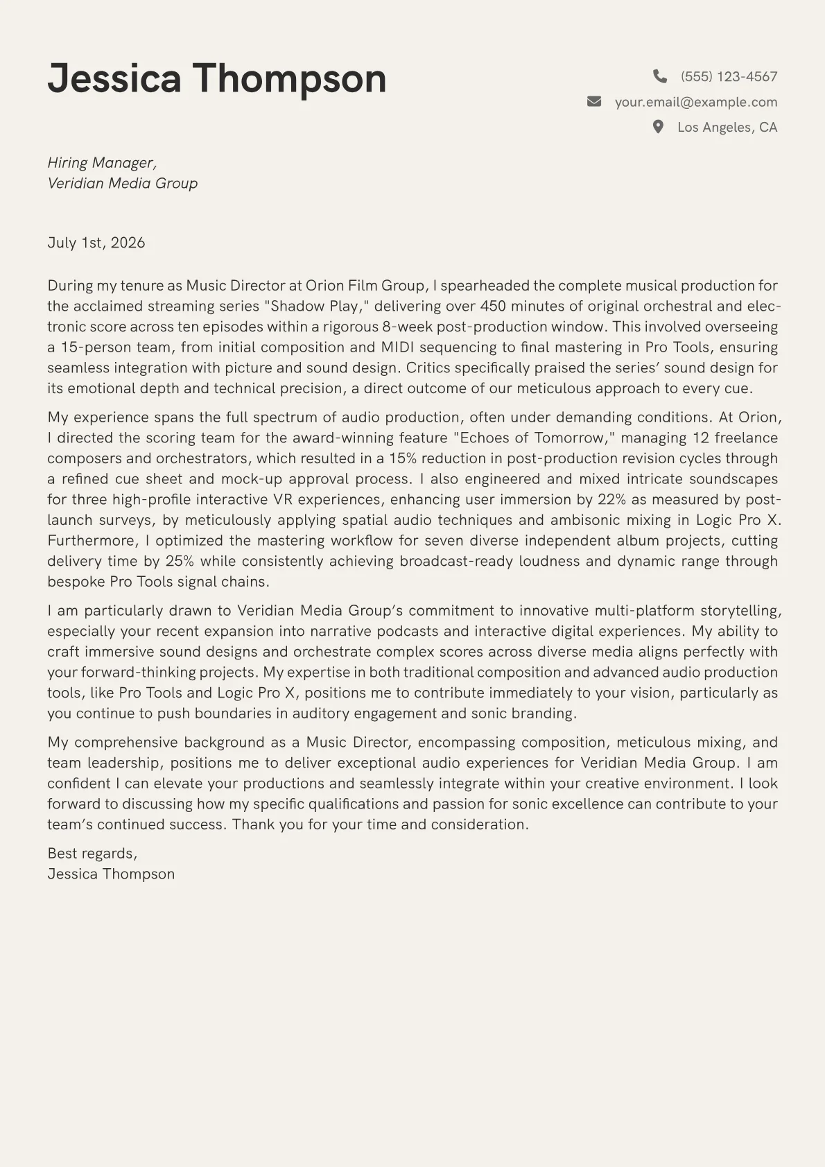 Music Director cover letter formatted with a JobSprout template