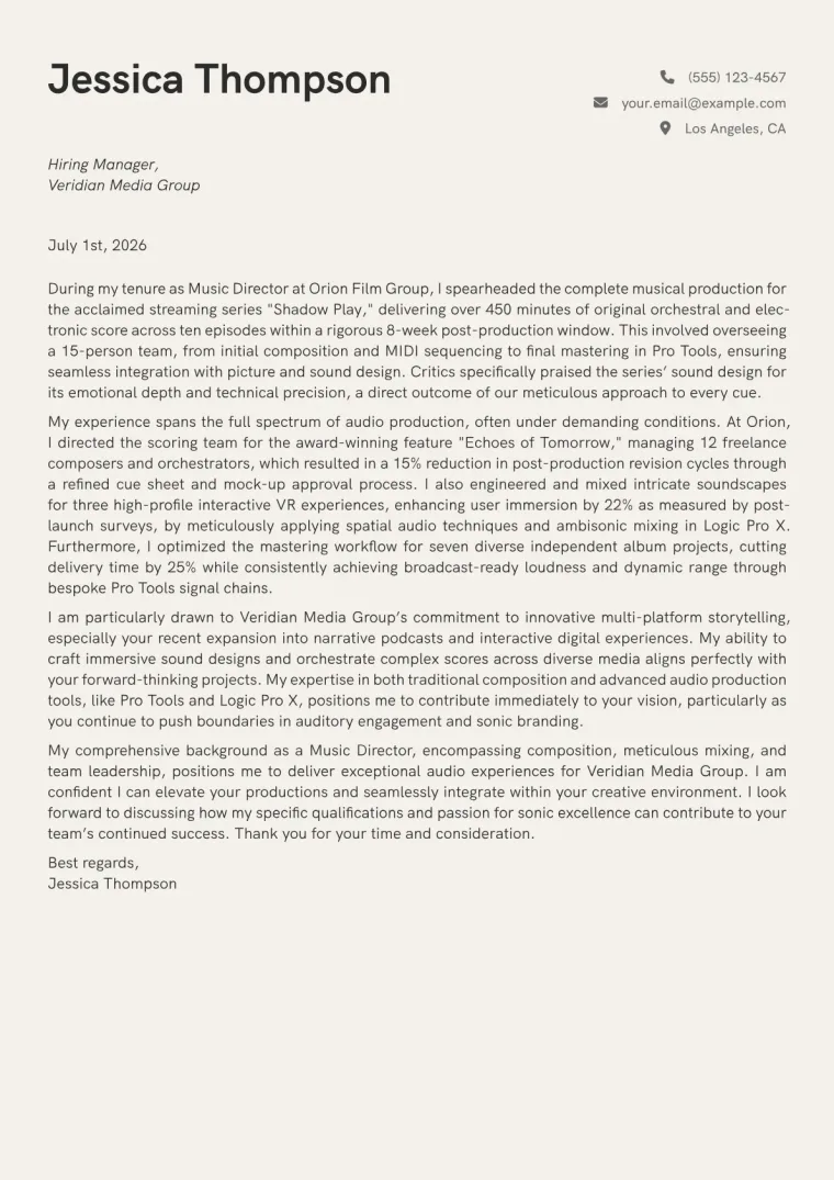 Music Director cover letter example preview
