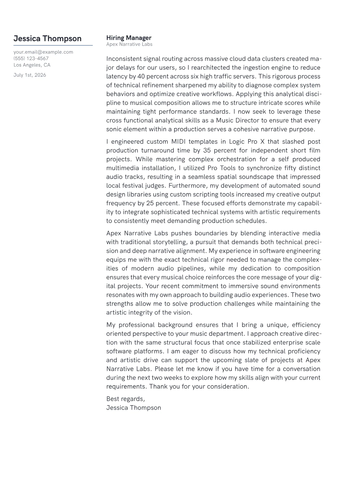 Music Director cover letter in the Margin design