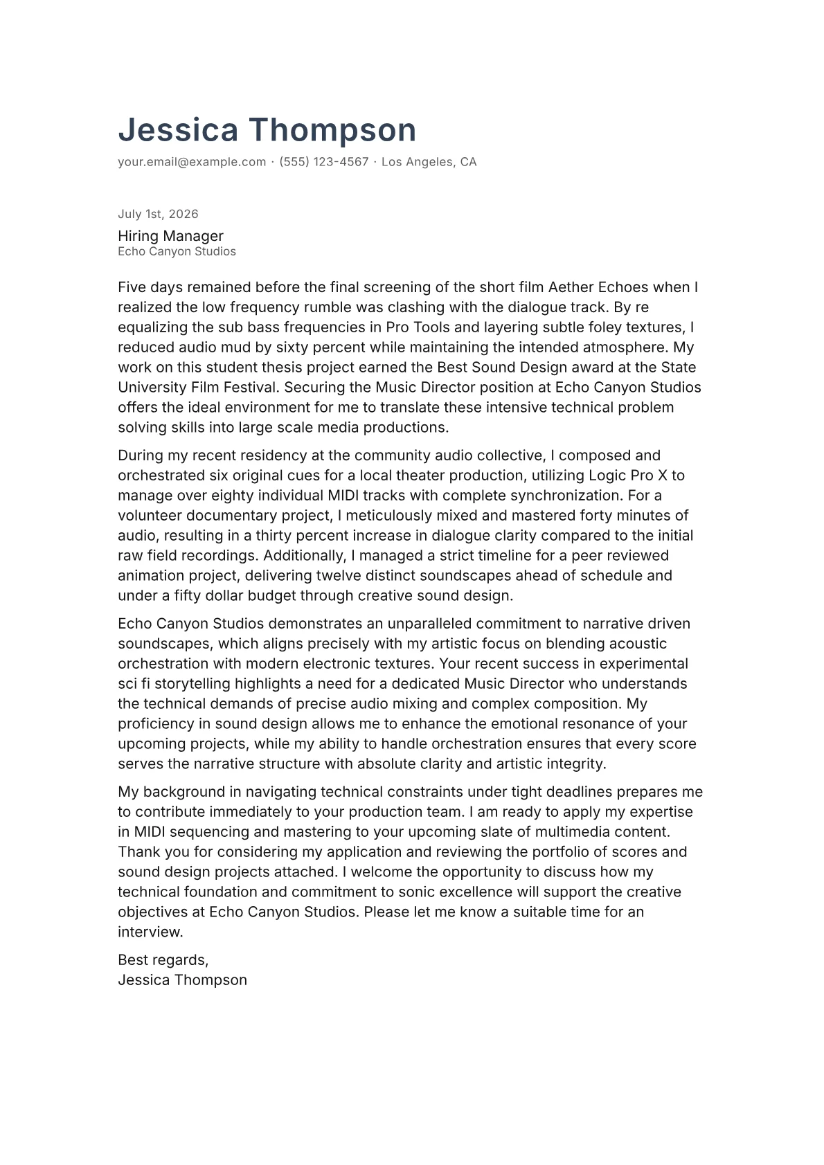 Music Director cover letter in the Minimal design
