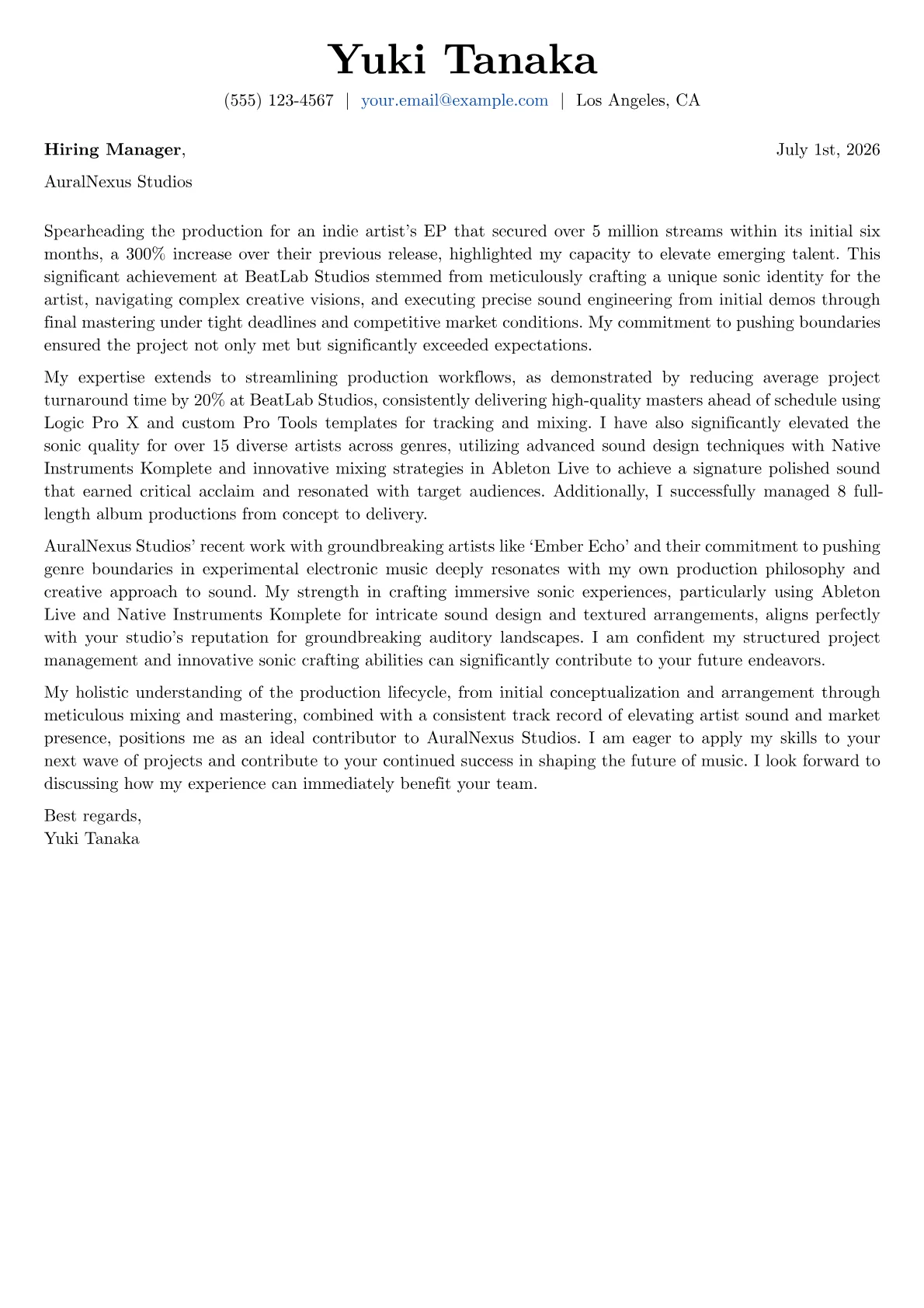 Music Producer cover letter formatted with a JobSprout template