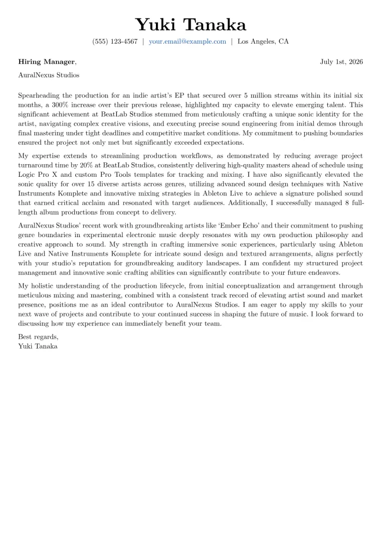 Music Producer Cover Letter Example