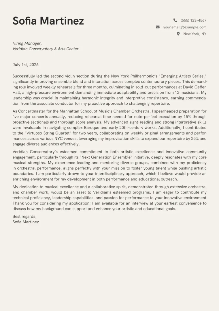 Music Student Cover Letter Example + Template (2026)