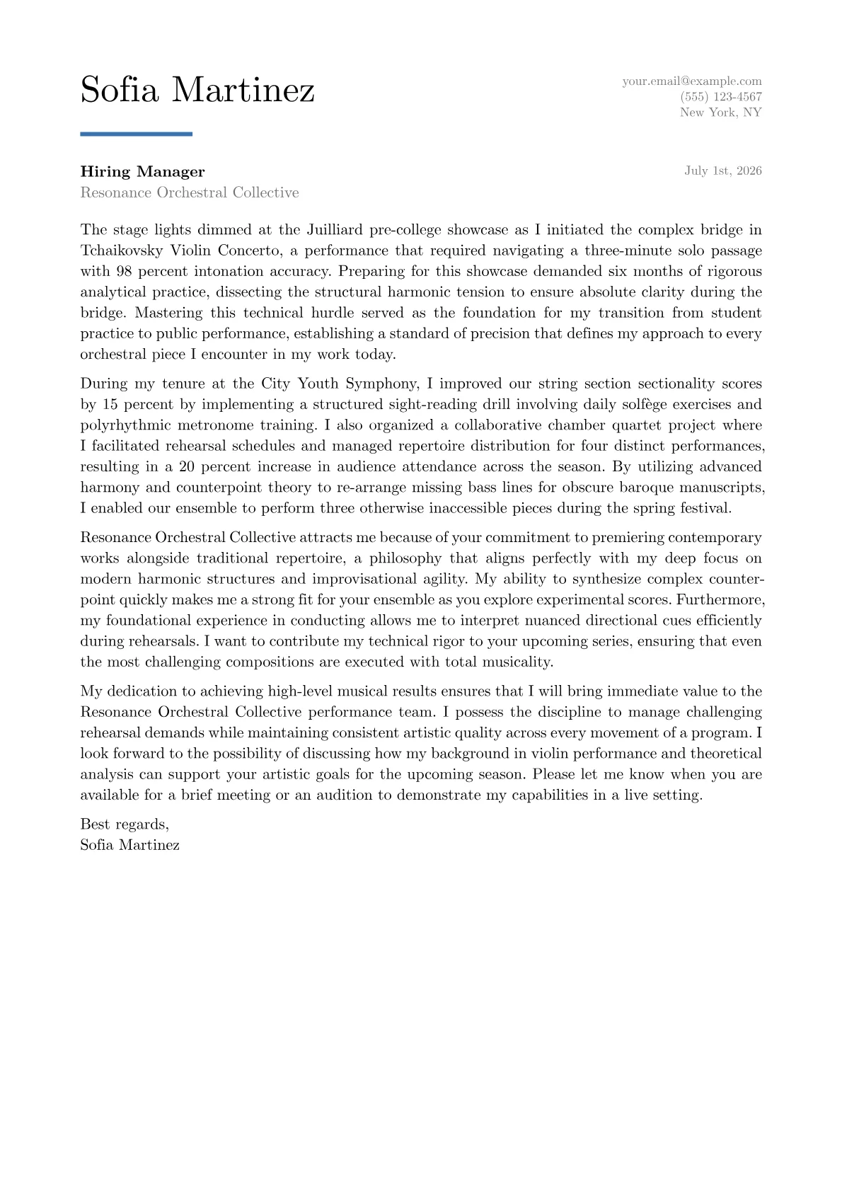 Music Student Cover Letter Example + Template (2026)
