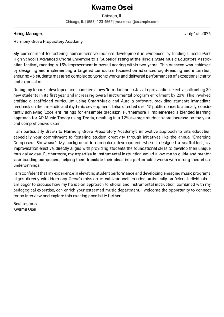 Music Teacher Cover Letter Example