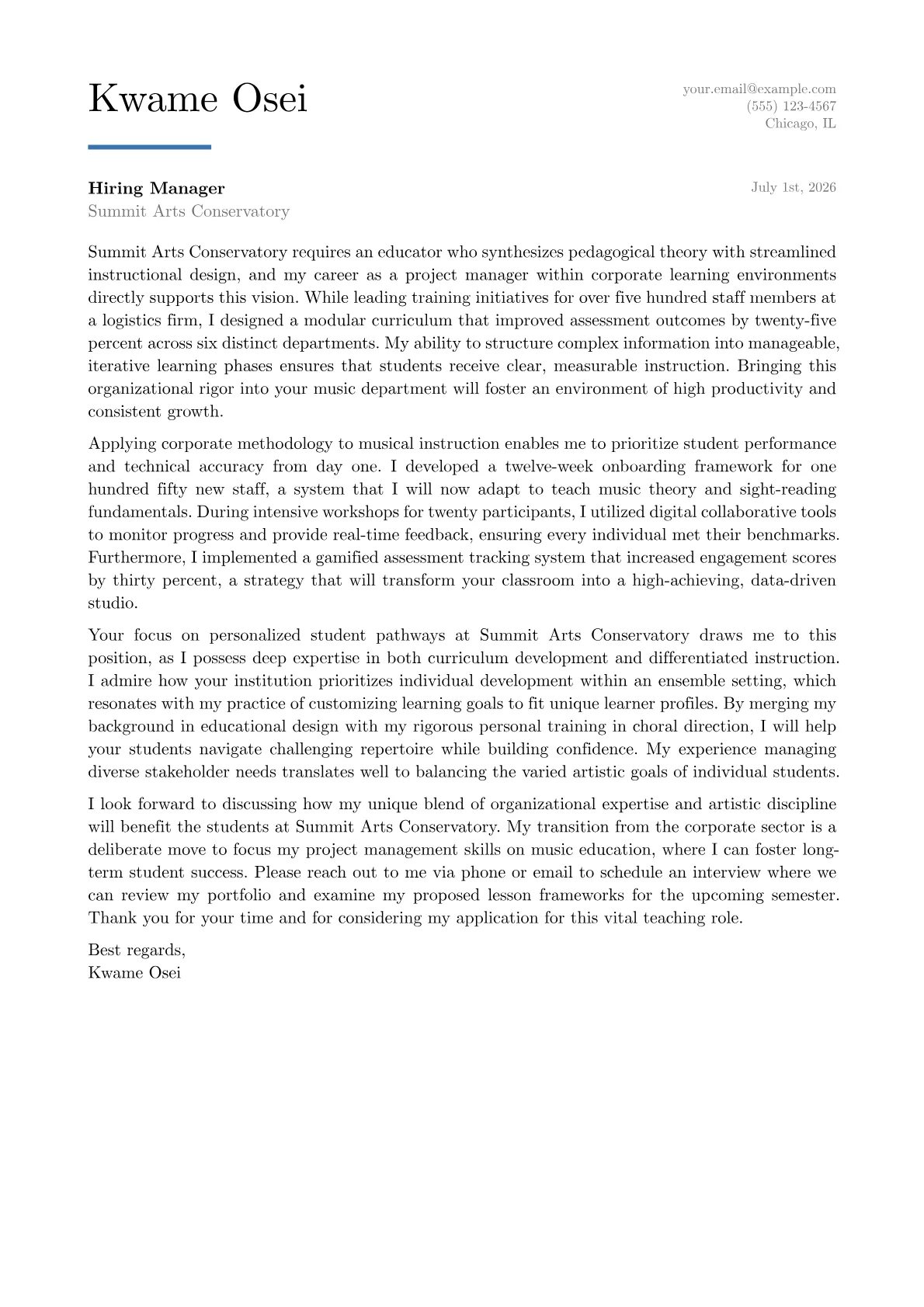 Music Teacher cover letter in the Executive design