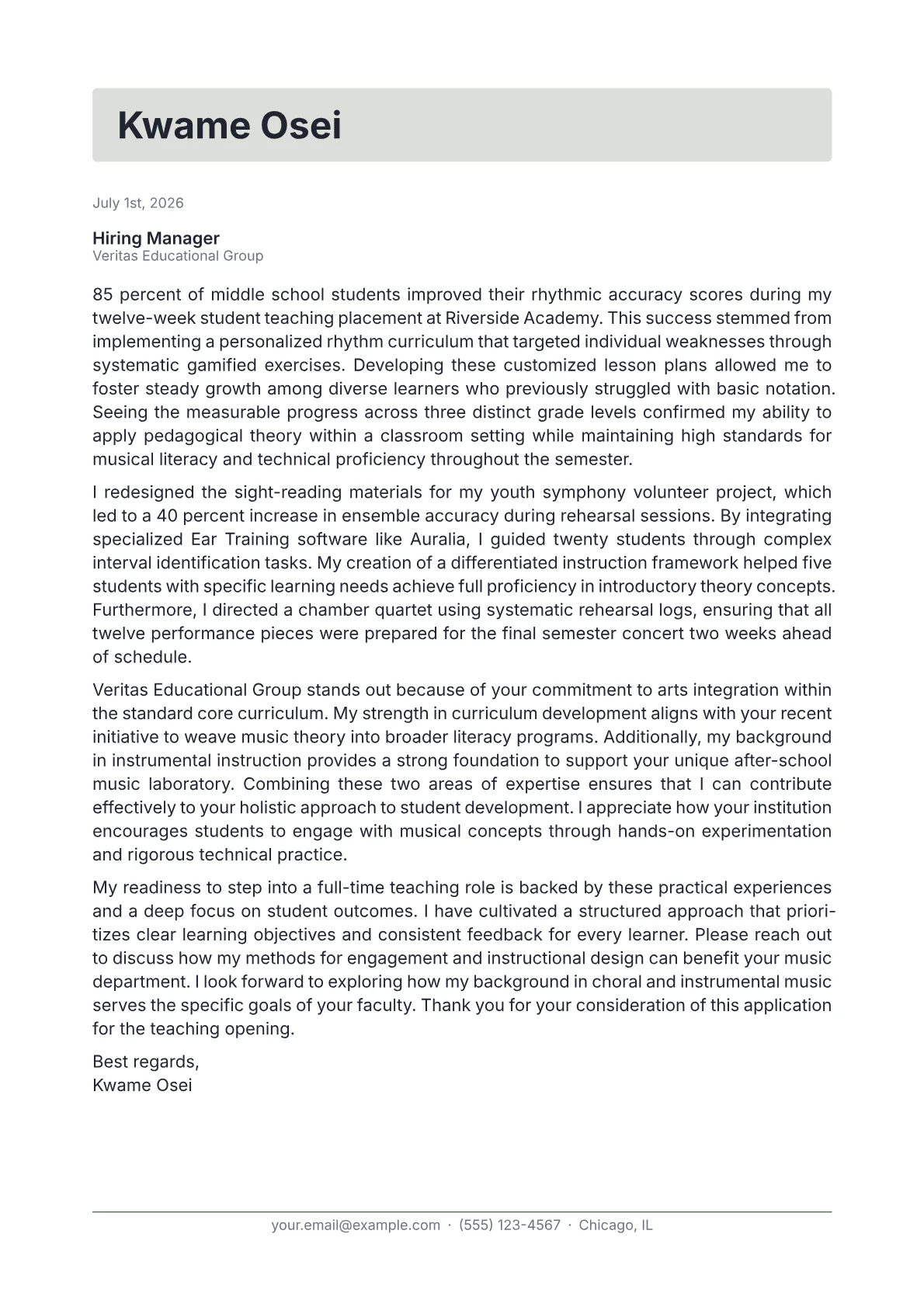 Music Teacher cover letter in the Letterhead design