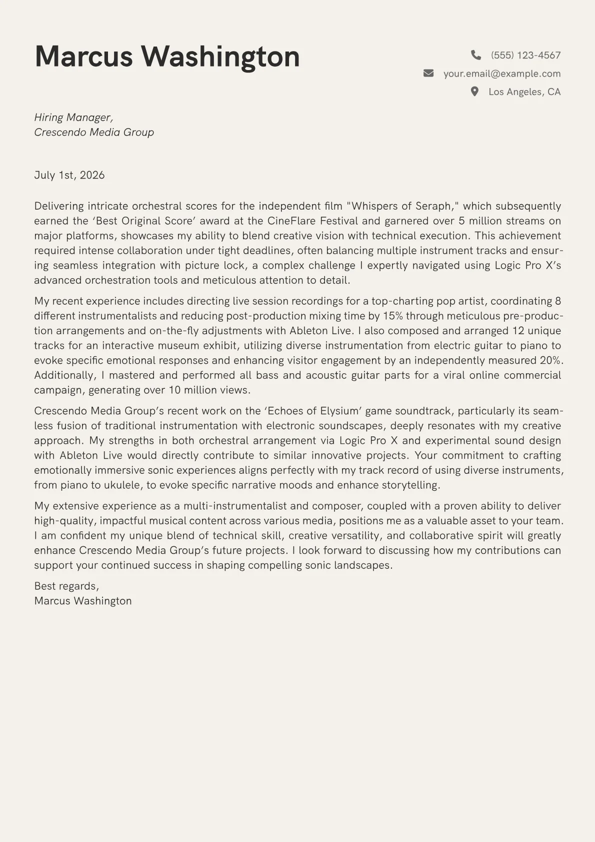 Musician cover letter formatted with a JobSprout template