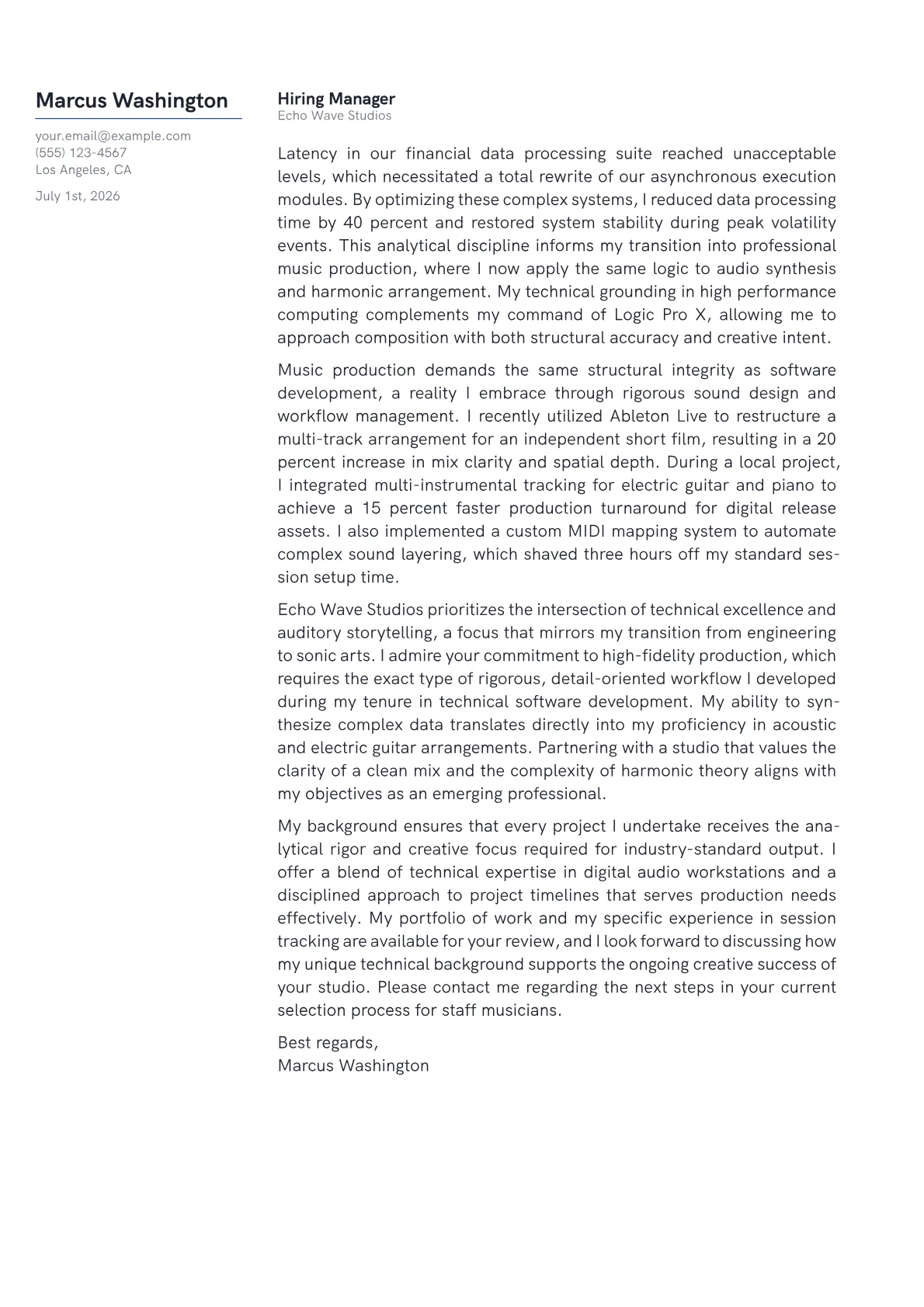 Musician cover letter in the Margin design