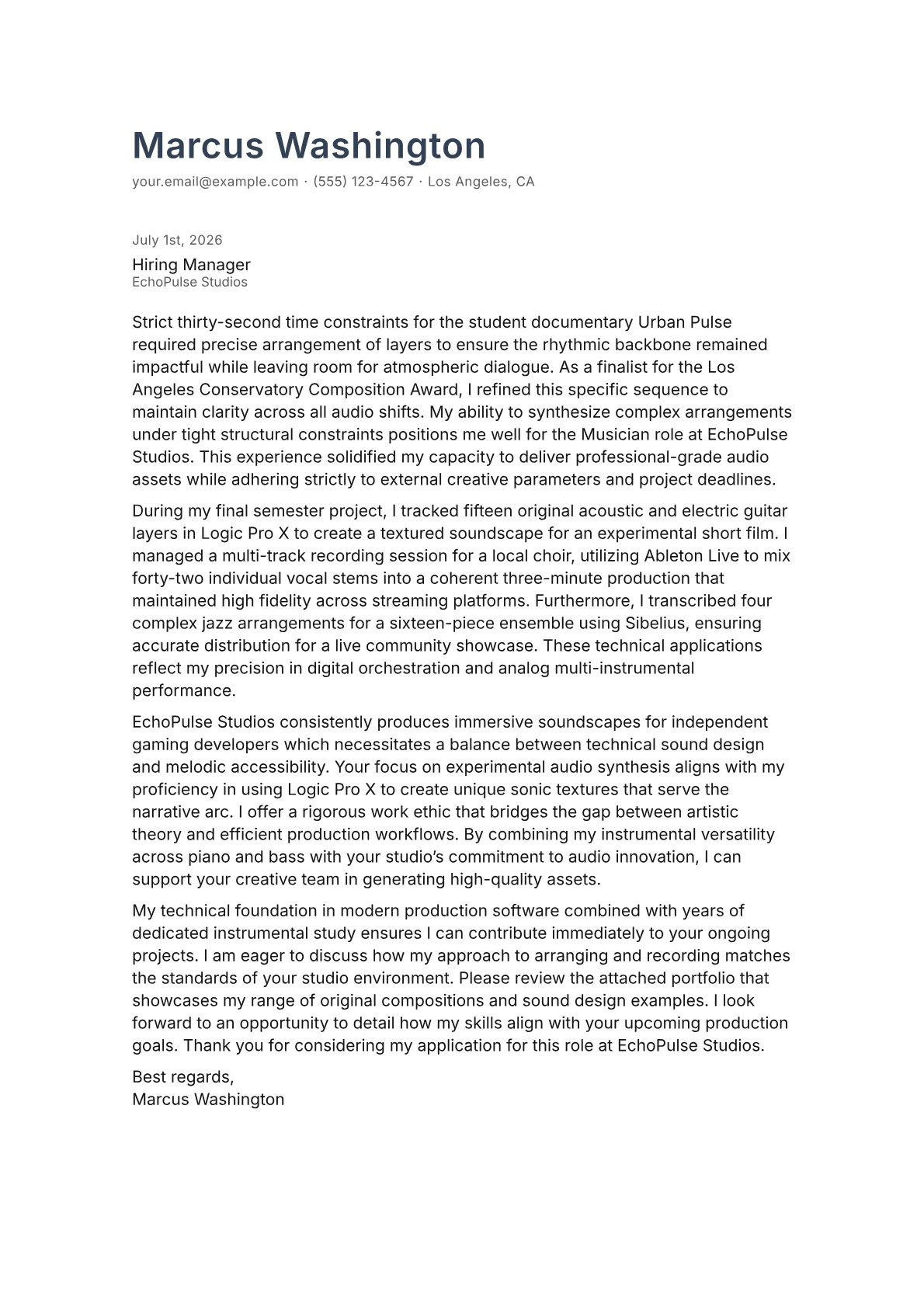 Musician cover letter in the Minimal design